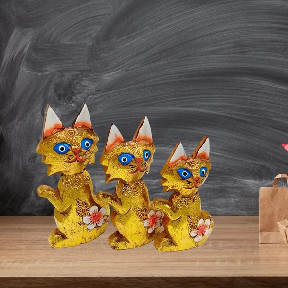 Ahşap Simli Üçlü Kedi Dekoratif Biblo No.2 17 cm - 5