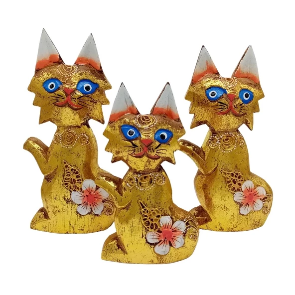 Ahşap Simli Üçlü Kedi Dekoratif Biblo No.2 17 cm - 4