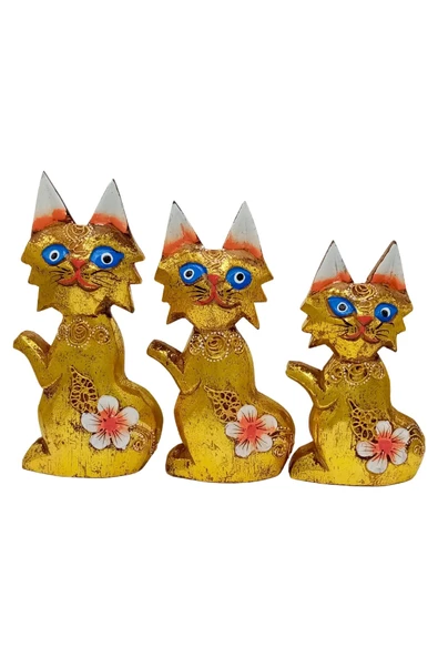 Ahşap Simli Üçlü Kedi Dekoratif Biblo No.2 17 cm - 6