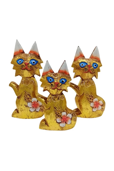 Ahşap Simli Üçlü Kedi Dekoratif Biblo No.2 17 cm - 9
