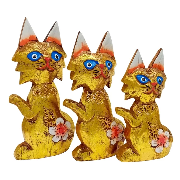 Ahşap Simli Üçlü Kedi Dekoratif Biblo No.2 17 cm - 3