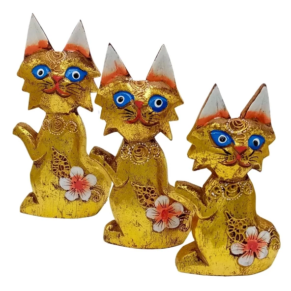 Ahşap Simli Üçlü Kedi Dekoratif Biblo No.2 17 cm - 2