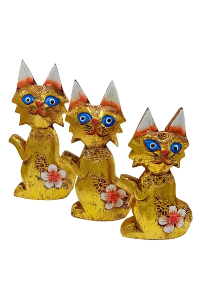 Ahşap Simli Üçlü Kedi Dekoratif Biblo No.2 17 cm - 7