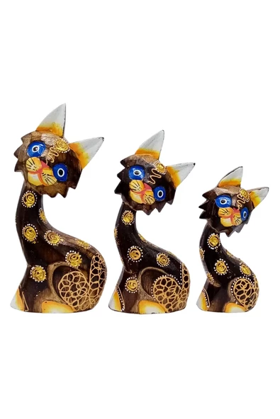 Ahşap Aborjin Üçlü Kedi Dekoratif Biblo No.1 16 cm - 6