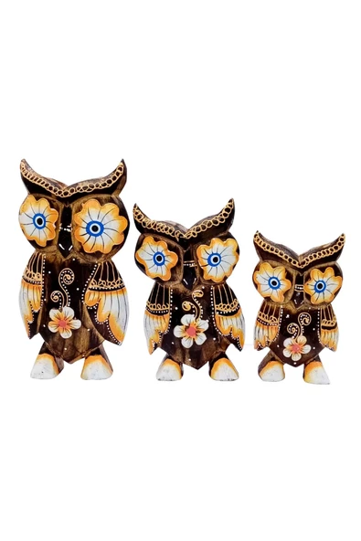 Ahşap Aborjin Üçlü Baykuş Dekoratif Biblo No.1 17 cm - 6