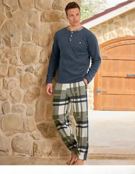 Pijamoni Erkek Düğme Yaka Kışlık Polar Pijama Takımı 6100/18 - 1 Adet  M İndigo