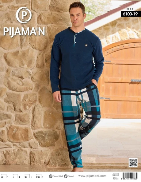 Pijamoni Erkek Düğme Yaka Kışlık Polar Pijama Takımı 6100/19 - 1 Adet  XL Mavi - 2