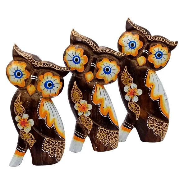 Ahşap Aborjin Üçlü Baykuş Dekoratif Biblo No.2 20 cm - 4