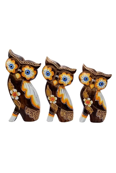 Ahşap Aborjin Üçlü Baykuş Dekoratif Biblo No.2 20 cm - 6