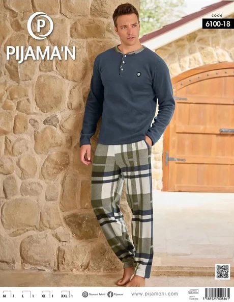Pijamoni Erkek Düğme Yaka Kışlık Polar Pijama Takımı 6100/18 - 1 Adet  XL İndigo - 2