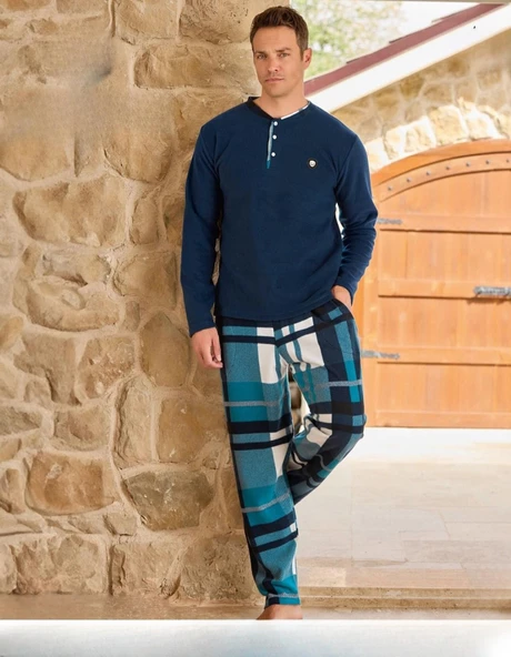 Pijamoni Erkek Düğme Yaka Kışlık Polar Pijama Takımı 6100/19 - 1 Adet  2XL Mavi