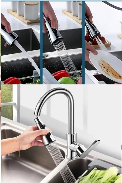 Periboia Yeni Plastik Krom Kaplama 3 Fonksiyonlu 360 Derece Hareketli Mutfak Lavabo Bataryası Başlığı - 5