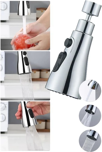 Periboia Yeni Plastik Krom Kaplama 3 Fonksiyonlu 360 Derece Hareketli Mutfak Lavabo Bataryası Başlığı