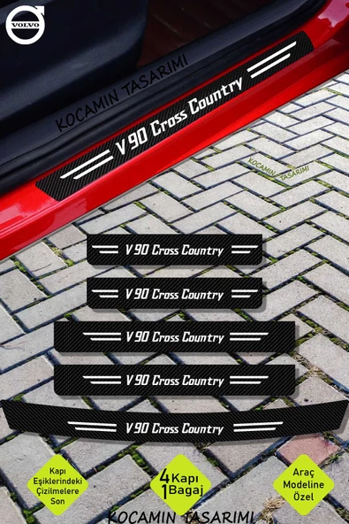Volvo V90 Cross Country Araç Kapı ve Bagaj Eşiği Koruyucu Set Karbon Folyo Çizilme Engelleyici V90 Cross Country Yazılı - 1