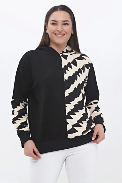 Kadın Büyük Beden Kapşonlu Sweatshirt Siyah Plwm23swt03 - 2