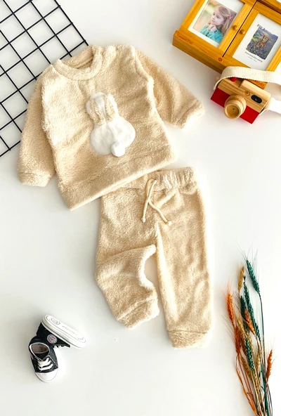 Neşeli Bebekler Tavşan Kabartmalı Welsoft Takım Bej ürün görseli 1