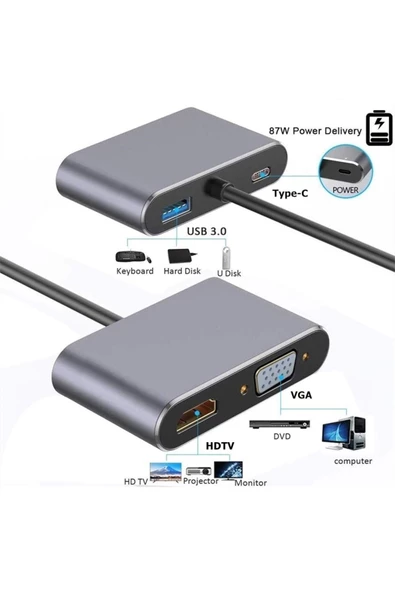 Macbook 13.3' Pro 2022 M2 Hub Type-c & 4k Hdtv Vga Usb 3.0 Pd 4 In 1 Adaptör Çoklayıcı