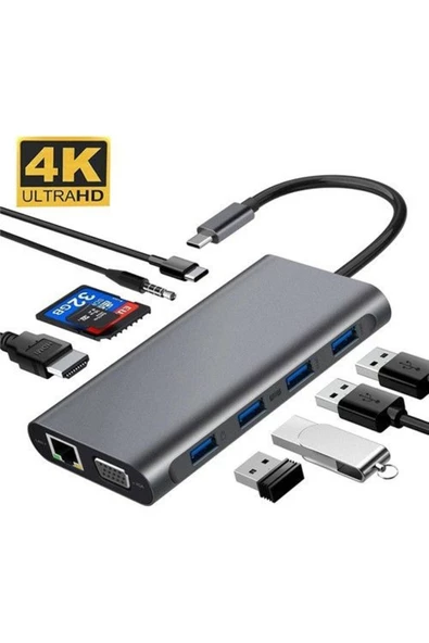 Gigabit Type-cto 3*usb 3.0 4k1080p Hd Hdmı Vga Rj45 Pd Aux Sd Tf 11ın1 Çevirici Uyumlu