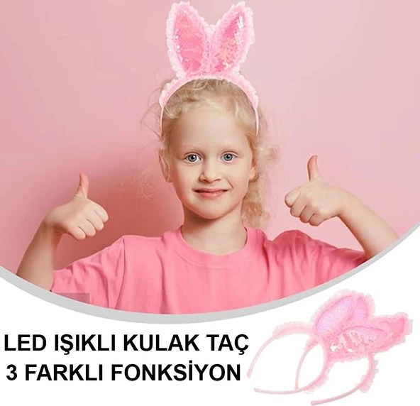 Kenarları Dantelli Pembe Pullu Payetli Led Işıklı Tavşan Kulak Taç 23x19 Cm - 4