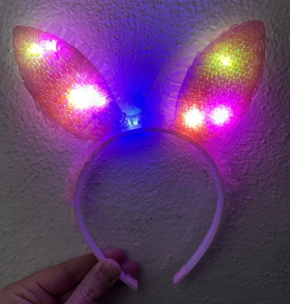 Kenarları Dantelli Pembe Pullu Payetli Led Işıklı Tavşan Kulak Taç 23x19 Cm - 2