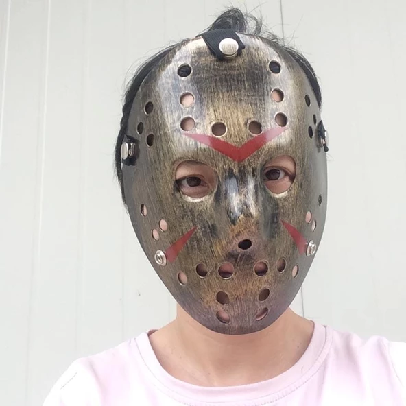 Bakır Renk Kırmızı Çizgili Tam Yüz Hokey Jason Maskesi Hannibal Maskesi - 4