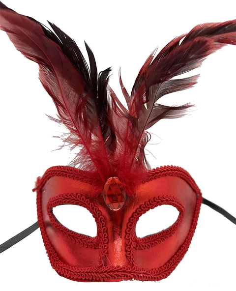 Kırmızı Renk Rugan Kaplama Kırmızı Tüylü Parti Maskesi 18x20 Cm - Resim 2