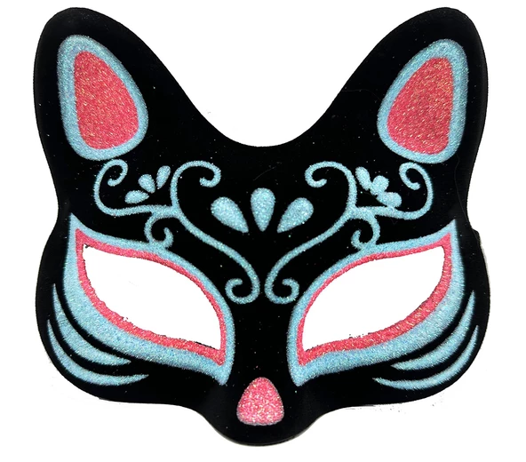 Siyah Renk Süet Kaplama Üzeri Mavi Kırmızı Simli Kedi Maskesi 17x14 Cm ürün görseli