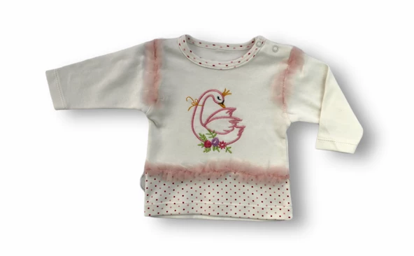 3-6 6-9 9-12 Ay Kraliçe Kuğu Nakışlı Bandajlı Uzun Kollu Sweatli 3lü Kız Bebek Takımı - 2