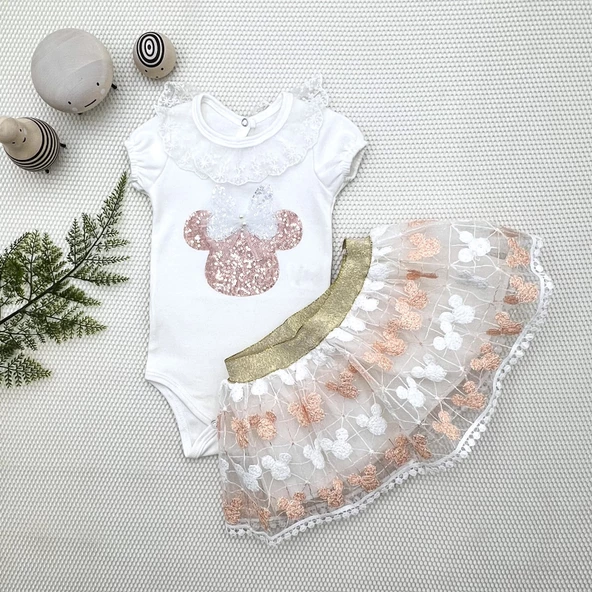 1-2-3 Yaş Payetli Mickey Nakışlı  Kısa Kollu Brode Etekli 2li Kız Bebek Takımı - 2