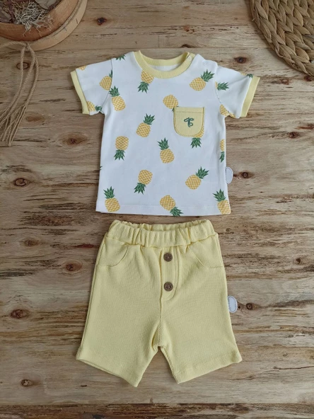 3-6 6-9 9-12 Ay Ananas Baskılı Şort Tişört 2 Li Kız Erkek Bebek Takımı