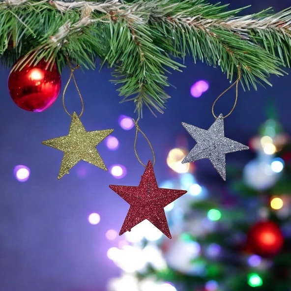 VIP DELUXE 9 ADET YILDIZ YILBAŞI ÇAM AĞASI SÜSÜ PARLAK SİMLİ GÜMÜŞ GOLD KIRMIZI 8 CM YILDIZ SÜS ürün görseli