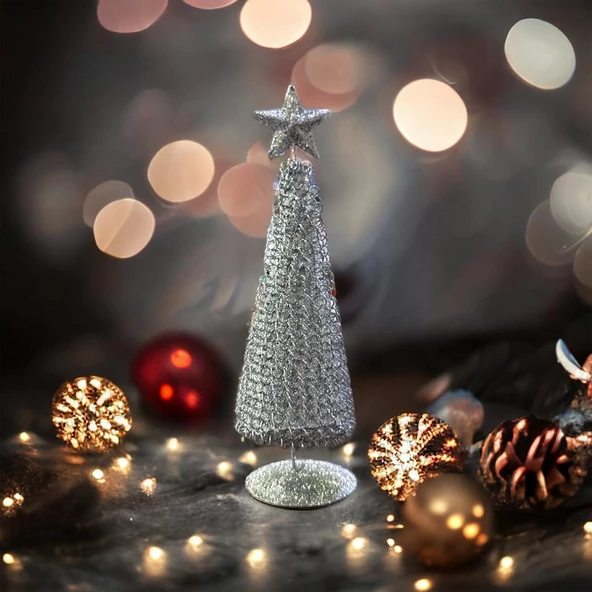 VIP DELUXE GÜMÜŞ  METAL YILBAŞI ÇAM AĞACI PARLAK SİMLİ NOEL AĞACI 21 CM ÇAM AĞACI DEKOR ÇAM GOLD ürün görseli