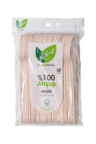 Roll-Up Doğaya Dönüş Ekolojik Doğal %100 Ahşap Kaşık - Kalınlık : 1.8 mm - 16 Cm. - 50'li Paket