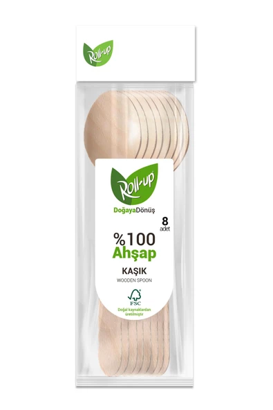 Roll-Up Doğaya Dönüş Ekolojik Doğal %100 Ahşap Kaşık - Kalınlık : 1.8 mm - 16 Cm. - 8'li Paket