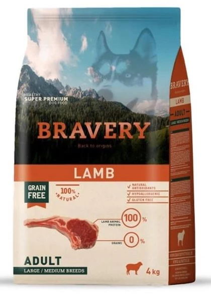 Bravery Tahılsız Kuzulu Yetişkin Büyük/Orta Irk Köpek Maması 4 Kg