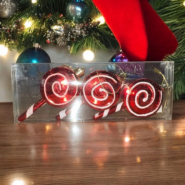 VIP DELUXE 3 ADET ŞEKER ÇUBUK YILBAŞI AĞAÇI SÜSÜ 10 CM PARLAK SİMLİ KIRMIZI NOEL YILBAŞI SÜSLERİ - 2
