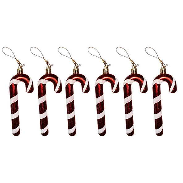 VIP DELUXE 6 ADET BASTON SÜS 13 CM PARLAK SİMLİ KIRMIZI YILBAŞI AĞACI SÜSLERİ NOEL AĞACI SÜSLERİ - 2