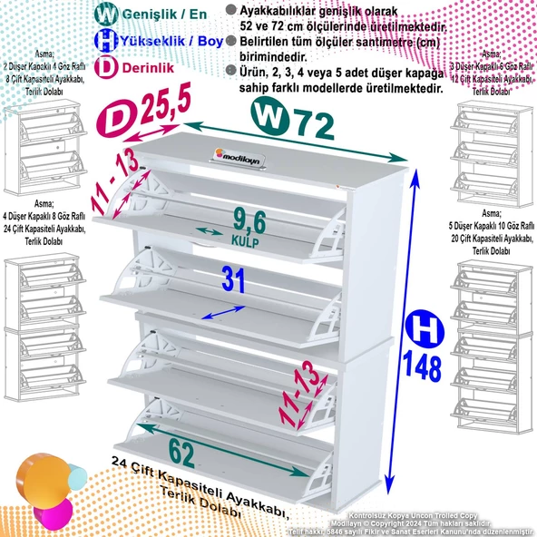 Modilayn UMAY Asma Antre Hol 72x156x25,5 cm’ lik 4 Düşer Kapak 8 Göz Bölmeli Ayakkabılık - 5