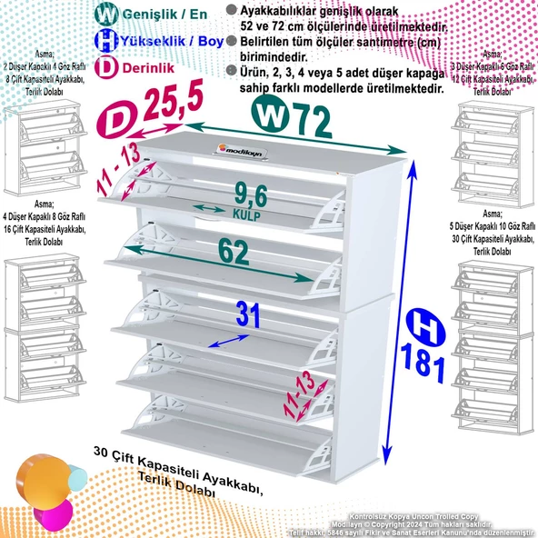 Modilayn VARBİ UMAY' 2 Li Asma Antre 72 x 193 x 26 cm’ lik 5 Düşer Kapak 10 Göz Bölme Ayakkabılık - 5