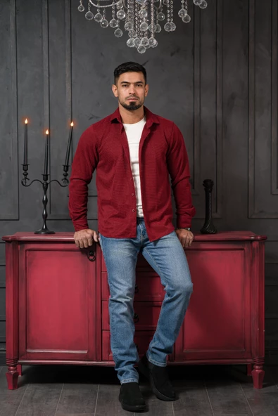 Likralı Petek Desenli Kışlık Kumaş Regular Fit Gömlek - Resim 4