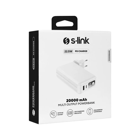 S-link 20000mAh Lightning+Type-C Kablolu Powerbank Beyaz 5W Prizli Taşınabilir Pil Şarj Cihazı - 2