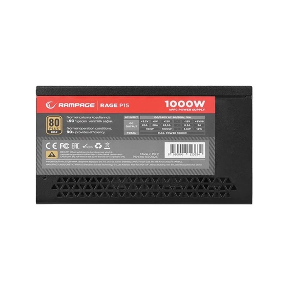 RAMPAGE 1000W 80+ GOLD RAGE P15 PCIE 5.0 TAM MODÜLER POWER SUPPLY - Resim 3