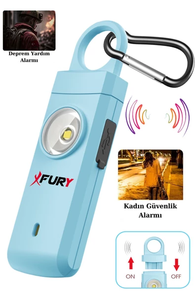 FURY Kişisel Güvenlik Alarmı Ve Anahtarlık - 130db Yüksek Sesli, Işıklı, Şarj Edilebilir, MAVİ - 2