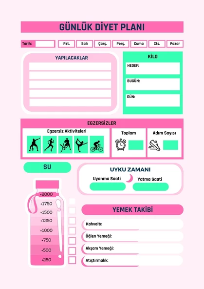 Haftalık Diyet Planı YAZ-SİL (Silinebilir Kalem Hediye) - 2