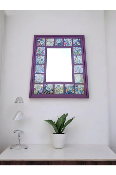 sharp&art  Çini Desenli 18 Parça Karo Çerçeveli (35-30 CM) Ahşap Dekoratif Ayna,6 Farklı Renk Seçeneği İle... - 4