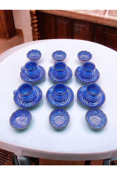 sharpart Sharp&art 6 Kişilik Mavi Ve Yeşil, El Işlemesi Kabartma Desenli Kahve Fincanı Ve Lokum Kasesi - 7