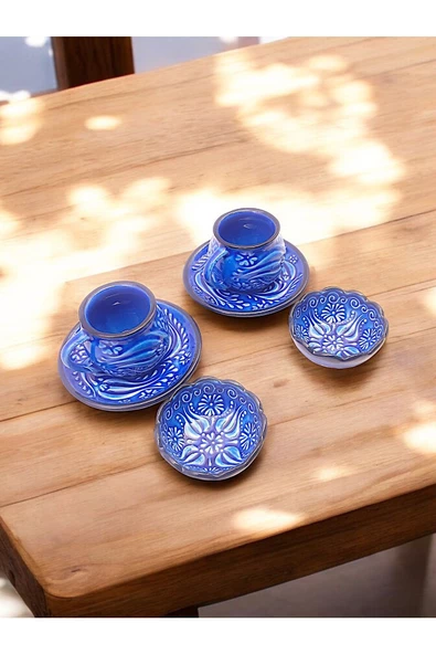 sharpart Sharp&art 2 Kişilik Mavi Ve Yeşil, El Işlemesi Kabartma Desenli Kahve Fincanı Ve Lokum Kasesi - 7