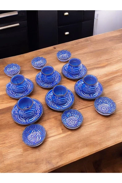 sharpart Sharp&art 6 Kişilik Mavi Ve Yeşil, El Işlemesi Kabartma Desenli Kahve Fincanı Ve Lokum Kasesi - 2