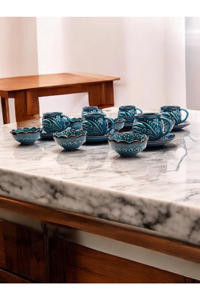 sharpart Sharp&art 6 Kişilik Mavi Ve Yeşil, El Işlemesi Kabartma Desenli Kahve Fincanı Ve Lokum Kasesi - 8