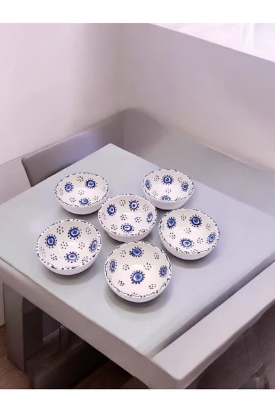 sharp&art 6 LI PAPATYA VE NAZAR BONCUĞU DESENLİ %100 GERÇEK EL İŞLEMESİ 8 CM KASE SETİ - 6